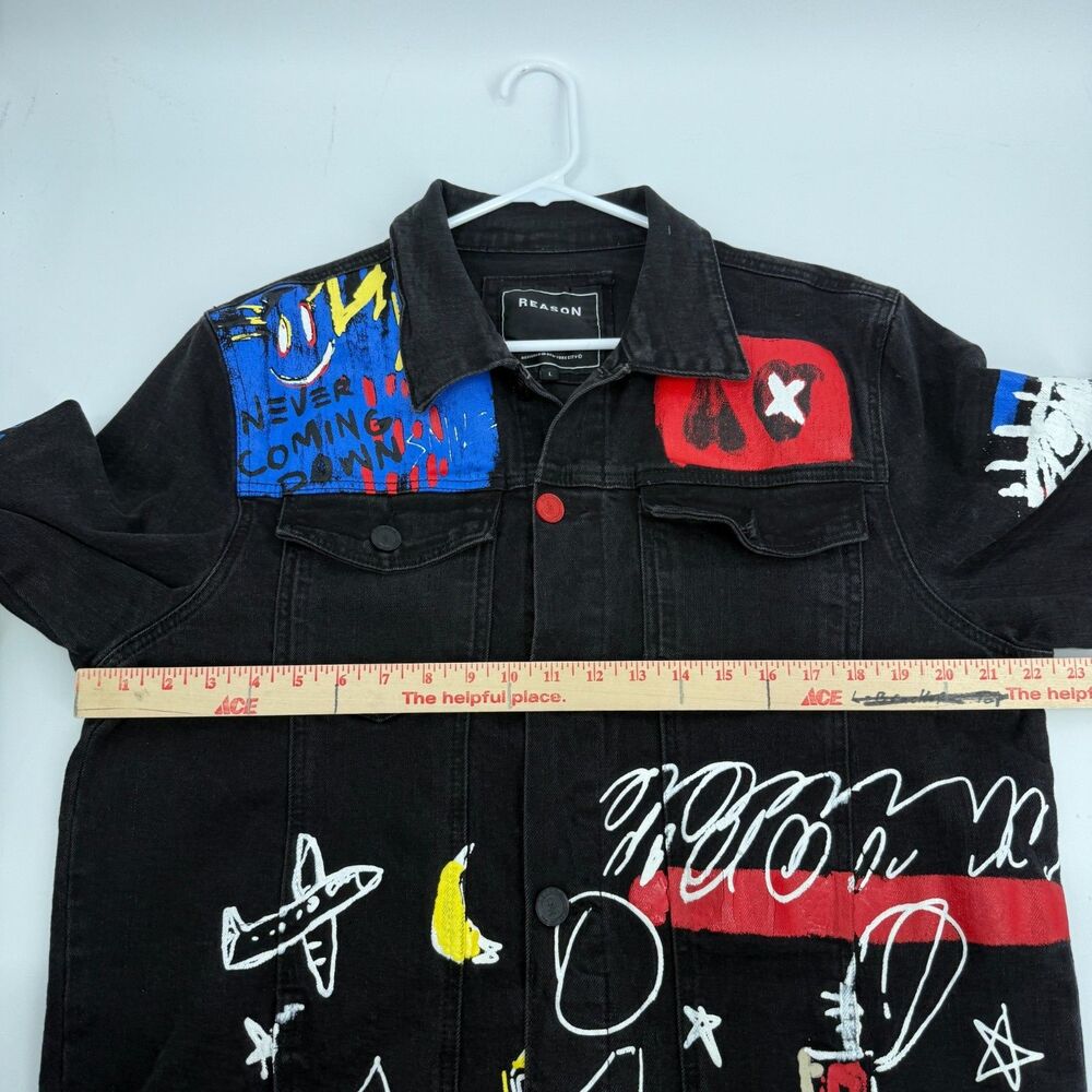Reason Denim Jacket Graffiti Biker Emo Grunge Streetwear Art to Wear Men Size L - Picture 7 of 11